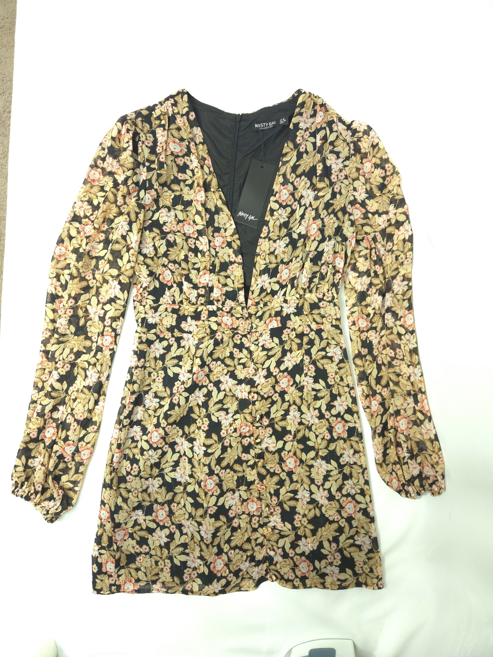 Nasty Gal Black Floral Long Sleeve Deep V-Neck Mini Dress